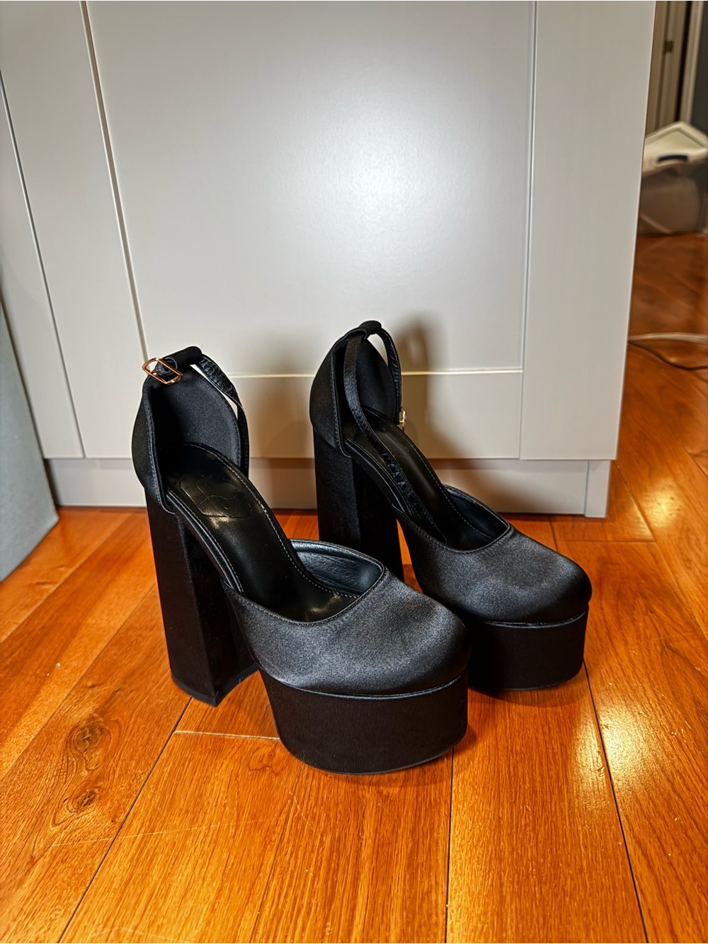 Women's Black Satin Platform Ankle-Strap Heels
